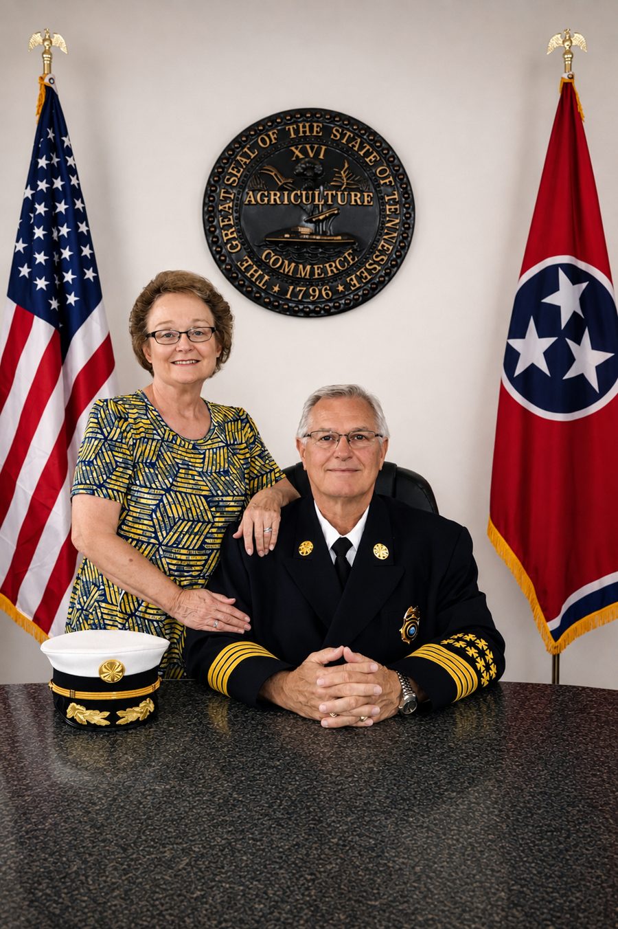 Chuck Kinney Jr. and Sue Kinney. He is seated in his fire chief’s dress uniform, with his white cap on the table; she stands beside him with her hand on his shoulder, between the U.S. and Tennessee flags.