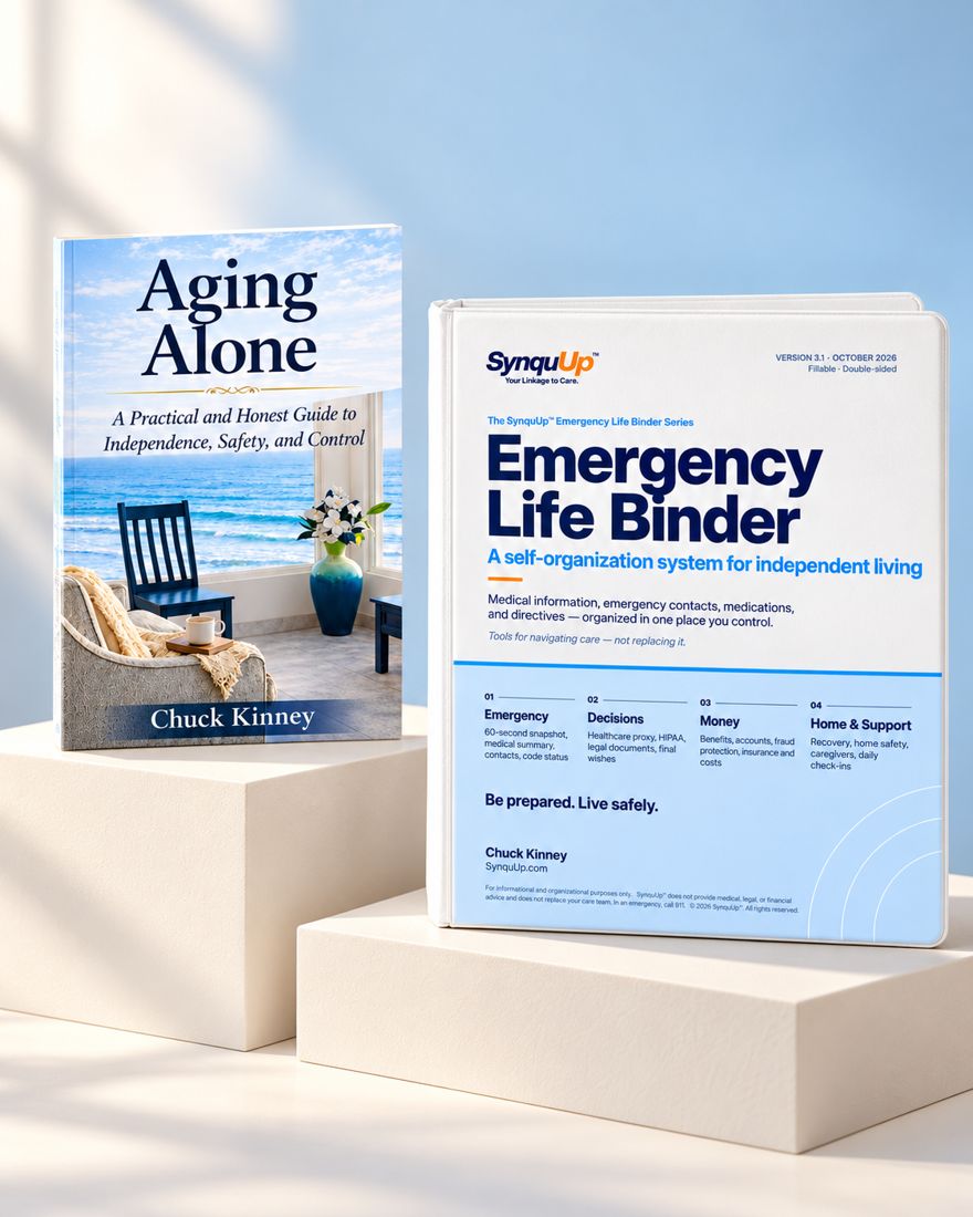 Aging Alone book and the SynquUp Emergency Life Binder on display pedestals