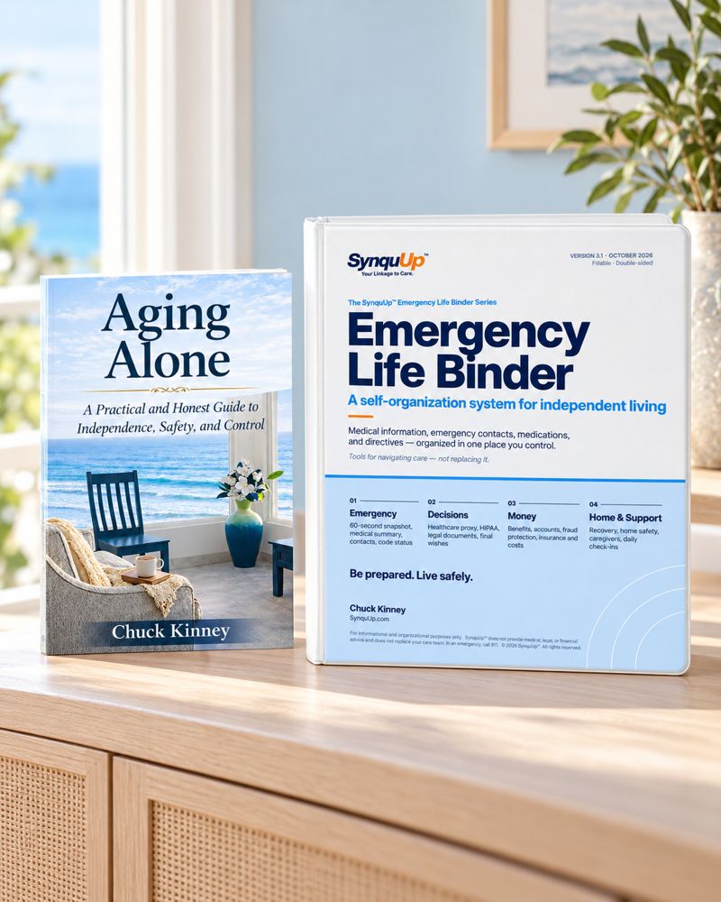 Aging Alone book and the SynquUp Emergency Life Binder on a sunlit dresser