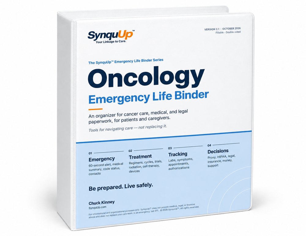 SynquUp Oncology Emergency Life Binder, Version 2.1 binder cover