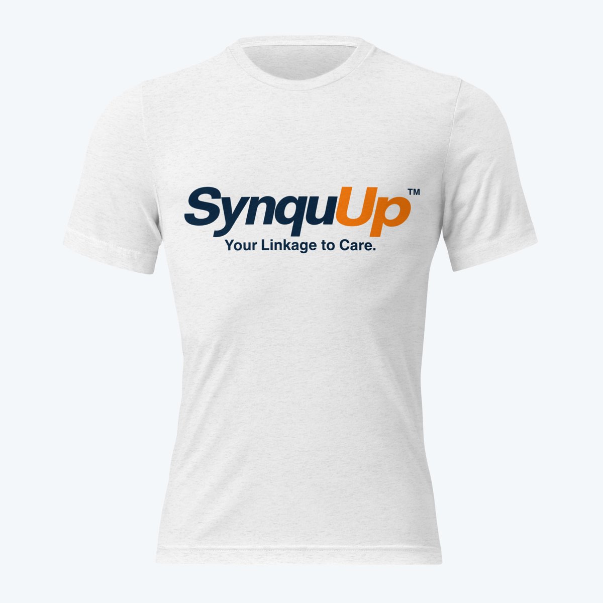 White SynquUp tee with the logo and the words Your Linkage to Care.