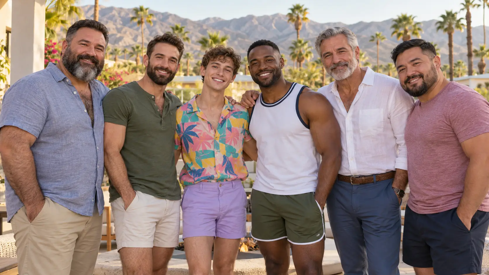 Six smiling men of different ages, races and body types standing together outdoors with palm trees and mountains behind them, a group photo for HIV/AIDS awareness
