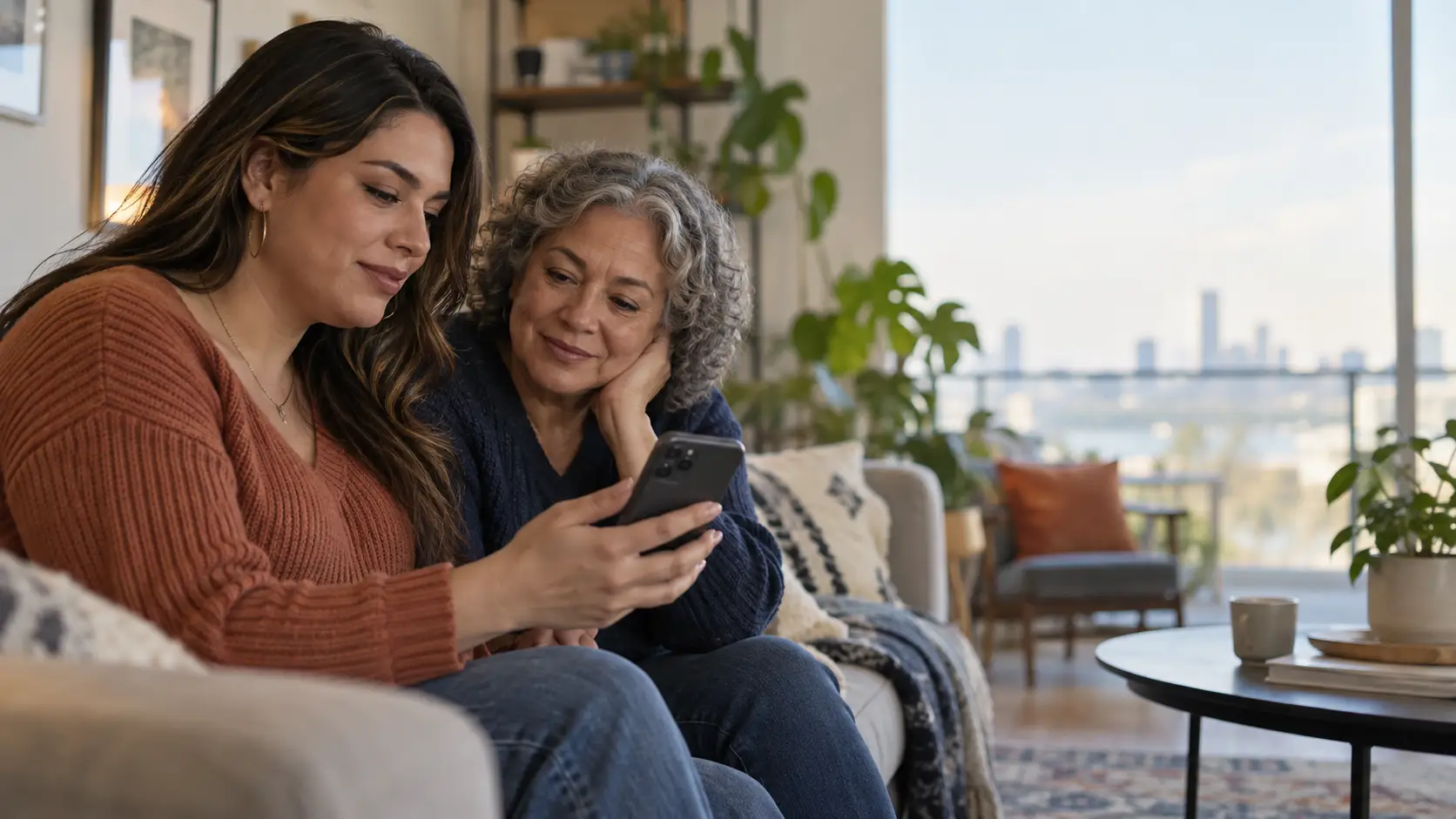 A daughter and mother searching for care in another city on a phone