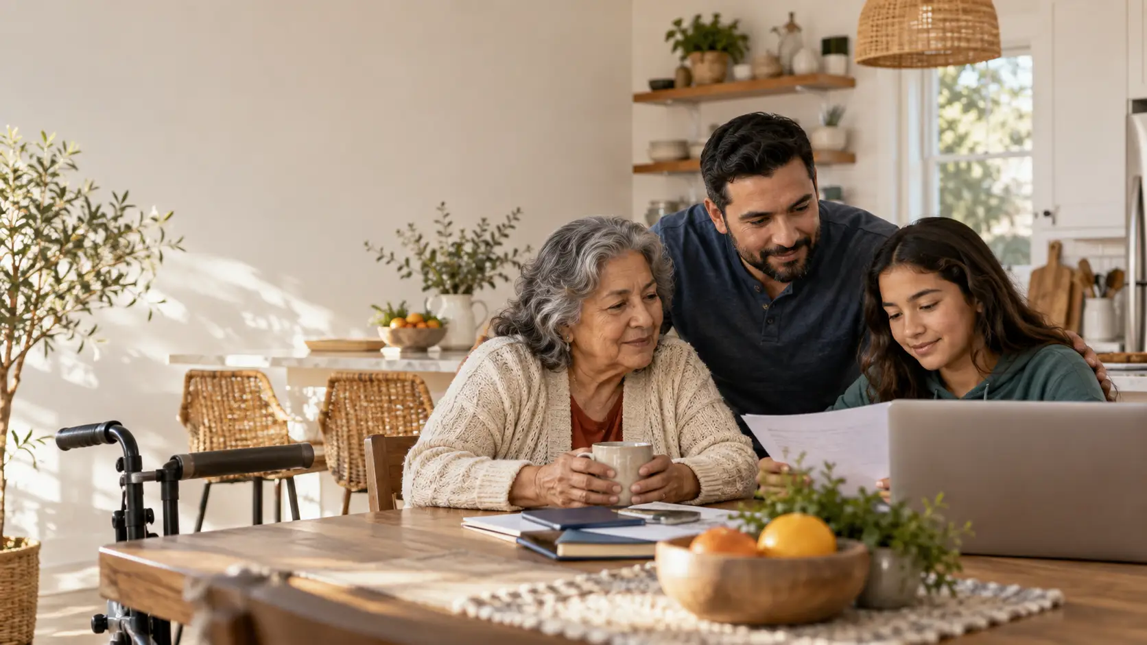 A family at the kitchen table preparing to call a community resource