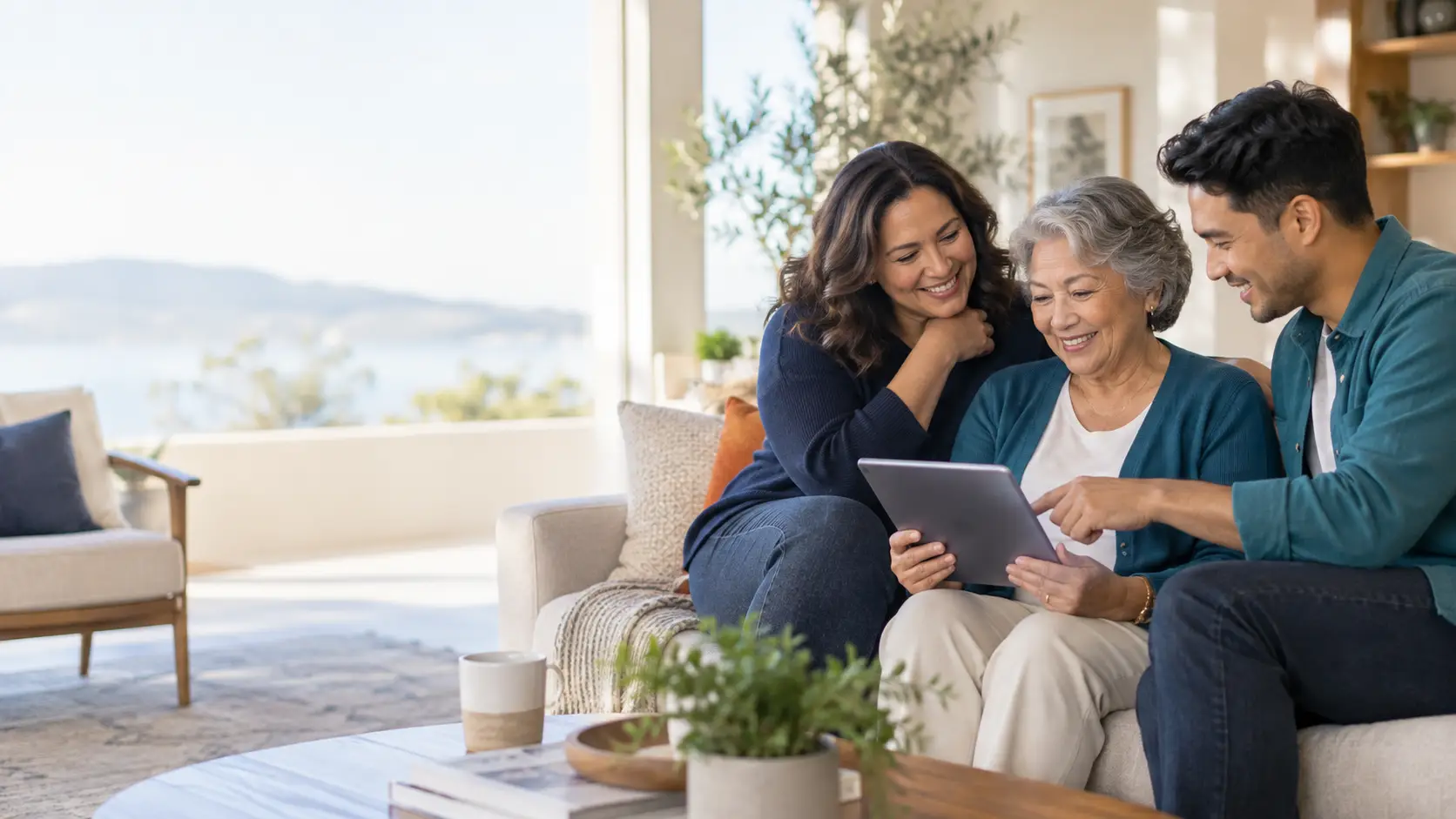 A family researching clinical trial options together on a tablet