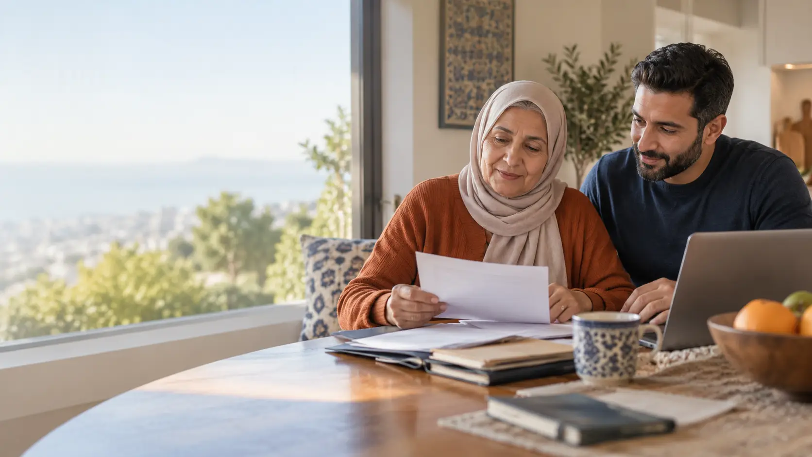 A mother and son reviewing papers before a healthcare visit