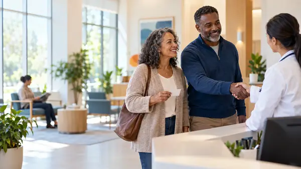 Couple checking in at a bright clinic front desk to get their hearing checked