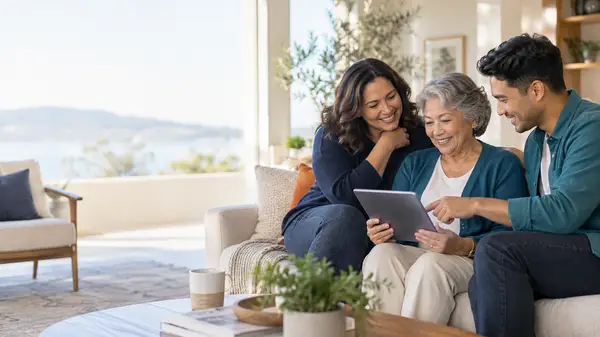 Family looking at health coverage options together on a tablet during Marketplace Open Enrollment