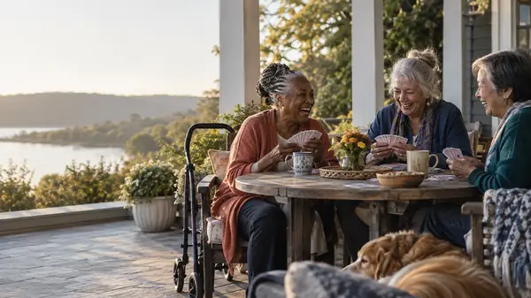 Three older women laughing together over a card game on a sunny porch, a simple way to build connection