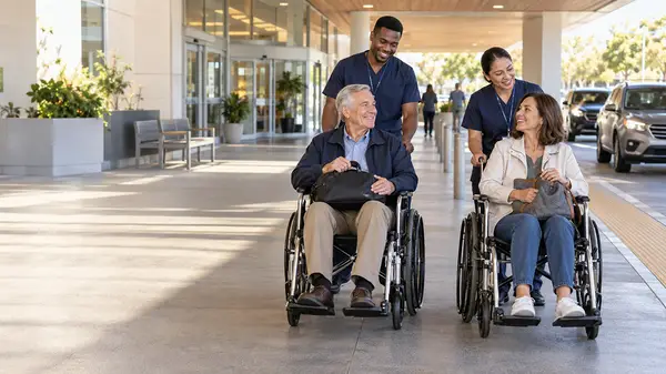 Two smiling patients in wheelchairs being helped out of the hospital by care team members who practice infection prevention