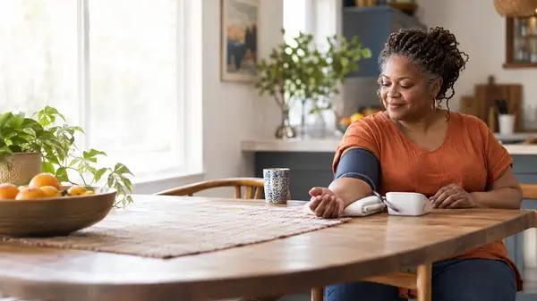 Woman checking blood pressure at home with an upper-arm cuff